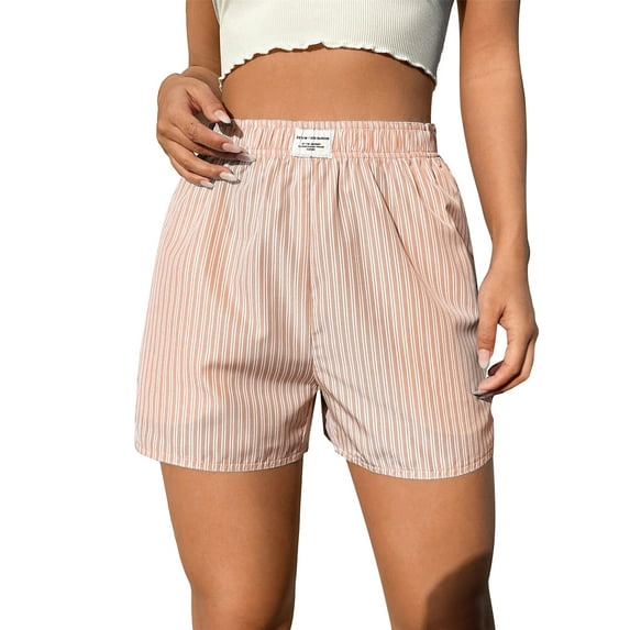 OYOANGLE Women's Elastic Waist Letter Patch Striped Print Casual Shorts Apricot S