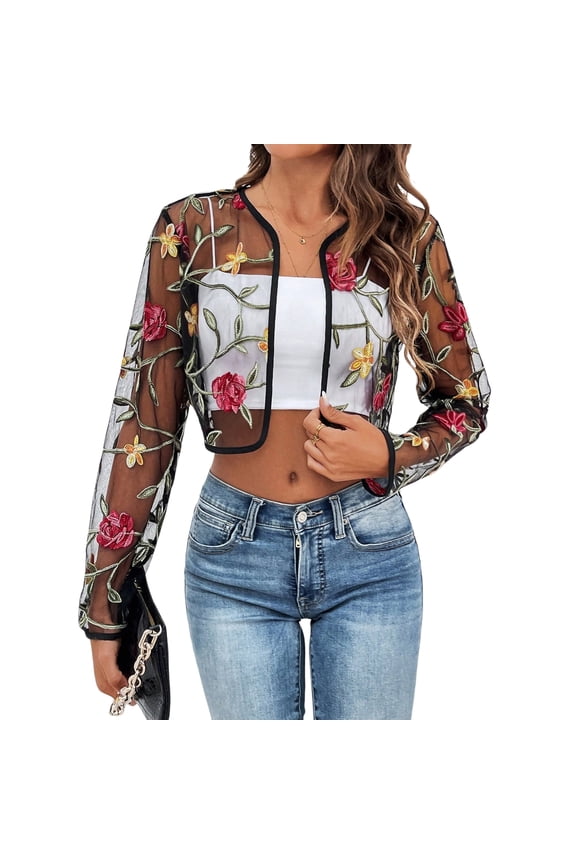 Women's Floral Embroidered Mesh Open Front Crop Jackets Long Sleeve See Through Cardigan Black XL