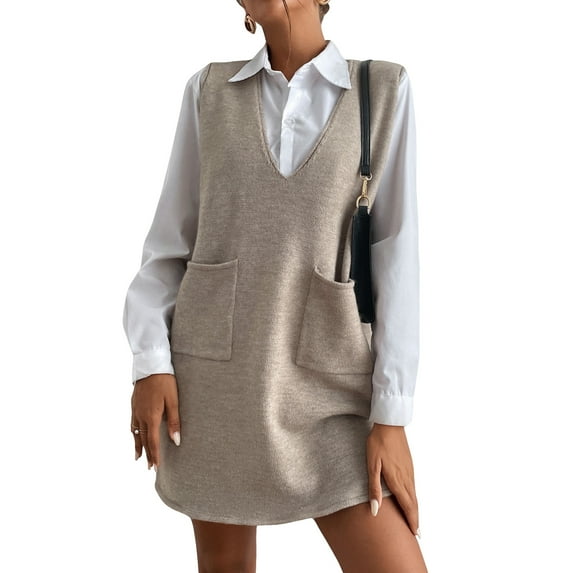 OYOANGLE Women's Knitted V Neck Sleeveless Short Sweater Dress Khaki XS
