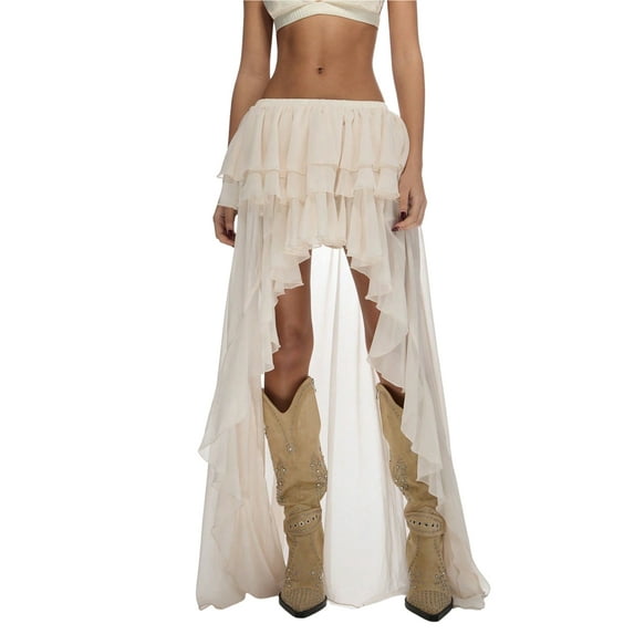 OYOANGLE Women's Layered Ruffle Chiffon Maxi Skirt Y2K Flowy Cowgirl Western Asymmetrical Skirts Apricot XS