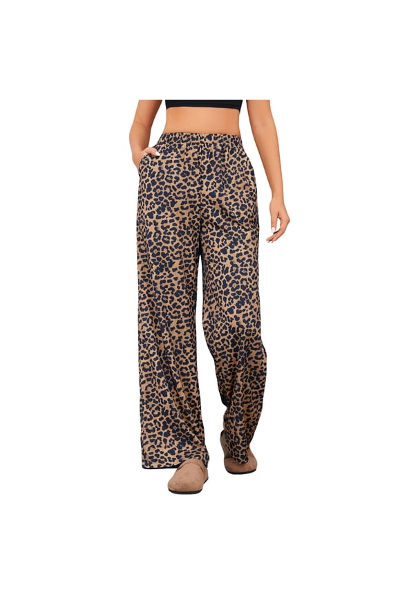 Women's Leopard Print Elastic High Waist Pants Wide Leg Loose Trousers with Pockets Multicolor M