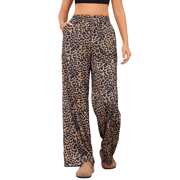 OYOANGLE Women's Leopard Print Elastic High Waist Pants Wide Leg Loose Trousers with Pockets Multicolor XS