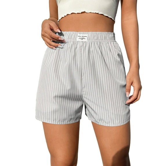 OYOANGLE Women's Letter Patch Striped Elastic Waist Casual Shorts Light Grey M