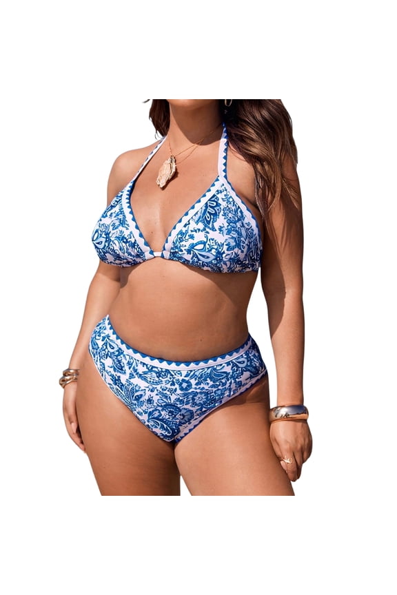 Women's Plus Size 2 Piece Boho Printed Bikini Swimsuit High Waist Triangle Halter Bathing Suit Blue 1XL