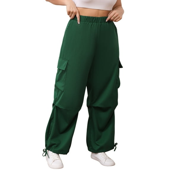 OYOANGLE Women's Plus Size Flap Pocket Cargo Elastic High Waist Pants Loose Streetwear Baggy Trousers Green 2XL