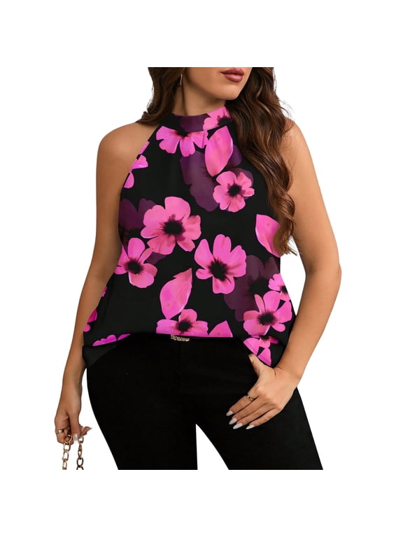 Women's Plus Size Floral Print Halter Neck Tank Top Sleeveless Keyhole Back Blouse Black and Pink 1XL