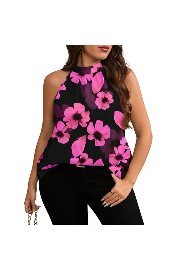 Women's Plus Size Floral Print Halter Neck Tank Top Sleeveless Keyhole Back Blouse Black and Pink 3XL