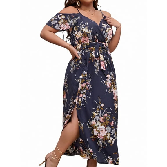 OYOANGLE Women's Plus Size Floral Print V Neck Cold Shoulder Split Thigh Long Dress Black 2XL