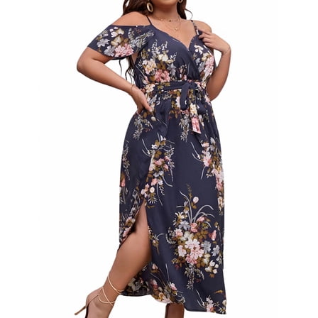 OYOANGLE Women's Plus Size Floral Print V Neck Cold Shoulder Split Thigh Long Dress Black 3XL