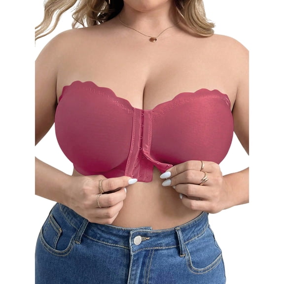 OYOANGLE Women's Plus Size Front Closure Push Up Strapless Bra Wireless Tube Bralettes Watermelon Pink 2XL