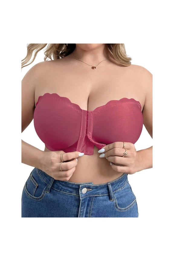 Women's Plus Size Front Closure Push Up Strapless Bra Wireless Tube Bralettes Watermelon Pink 4XL