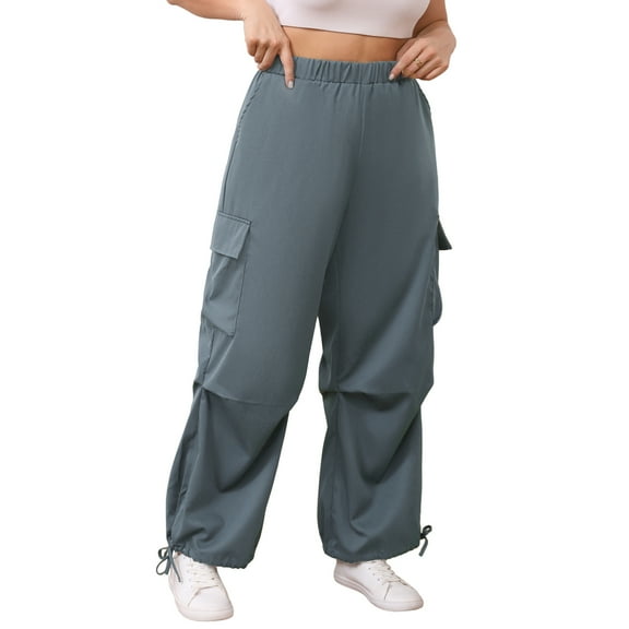 OYOANGLE Women's Plus Size Loose Elastic High Waist Cargo Pants Flap Pocket Baggy Trousers with Pocket Streetwear Blue 4XL