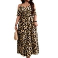 thumbnail image 1 of OYOANGLE Women's Plus Size Off Shoulder Leopard Print Long Dress Belted Thigh Split Wrap V Neck Dresses Brown 1XL, 1 of 5
