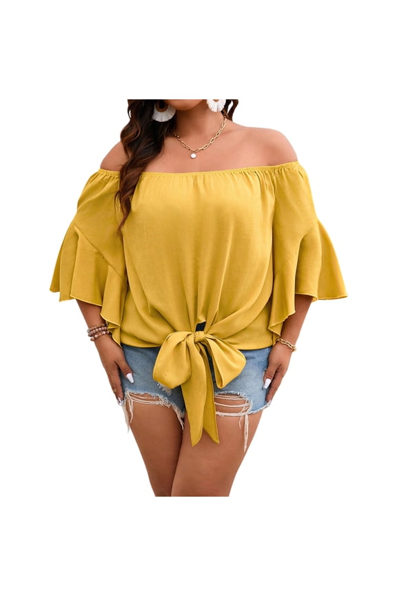 Women's Plus Size Off the Shoulder Ruffle Bell Sleeve Front Tie Knot Blouse Top Yellow 2XL
