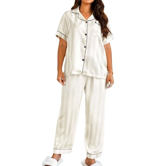 OYOANGLE Women's Plus Size Satin Front Pocket Laper Collar Tops and Pants 2 Piece Pajama Set Loungewear White 2XL