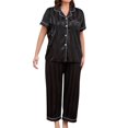 thumbnail image 1 of OYOANGLE Women's Plus Size Short Sleeve Silky Button Down Tops and Pants Sleepwear Satin Pajama Set Black 1XL, 1 of 6