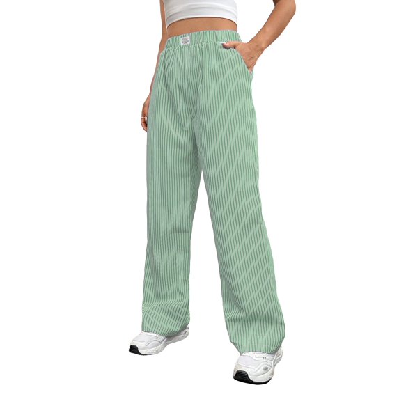 OYOANGLE Women's Striped Letter Patched Pants Elastic Waist Trousers Green L