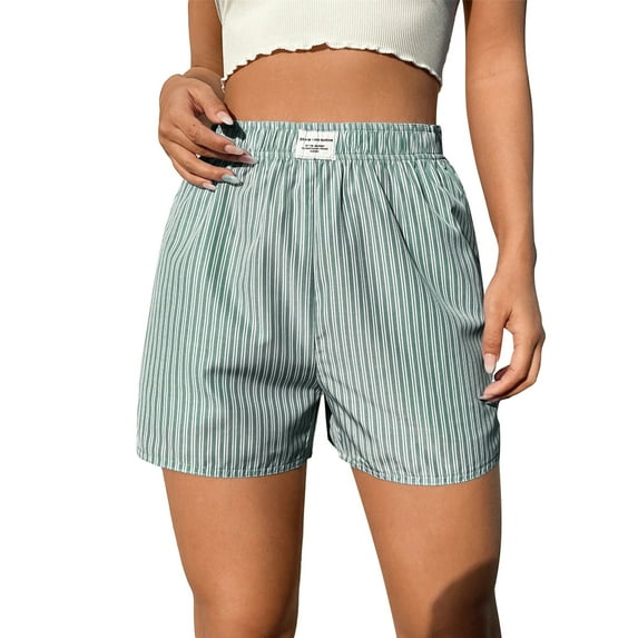 OYOANGLE Women's Striped Print Elastic Waist Straight Leg Summer Casual Shorts Green S