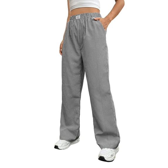OYOANGLE Women's Striped Print Pants Wide Leg Elastic Hjgh Waist Y2K Trousers Dark Grey M