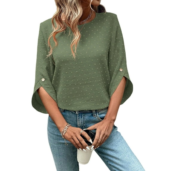 OYOANGLE Women's Swiss Dots Half Sleeve Blouse Keyhole Back Summer Tops Green L