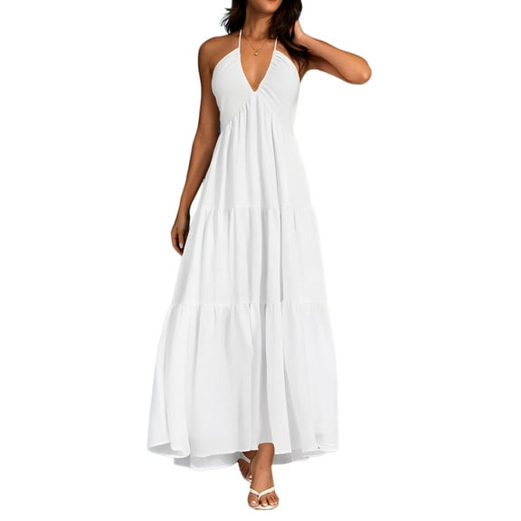 OYOANGLE Women's Tie Backless Halter V Neck Dress Ruched Bow Knot Flowy Maxi Dresses White L