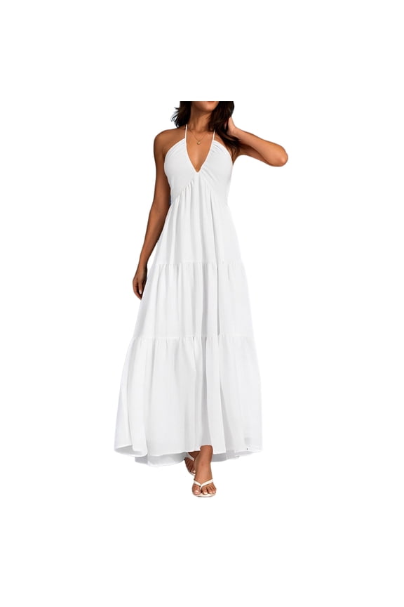 Women's Tie Backless Halter V Neck Dress Ruched Bow Knot Flowy Maxi Dresses White L