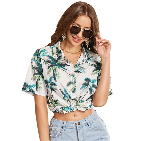OYOANGLE Women's Tropical Print Button Down Short Sleeve Shirt Tops White L