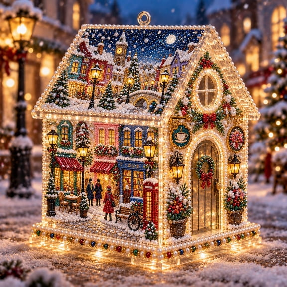 OYPGUE 3D Christmas House Diamond Painting Pearl Art Kit Acrylic for Adults, Ocean-Themed Houses Beads Craft Kits with LED Lights, DIY Xmas Tree Ornaments