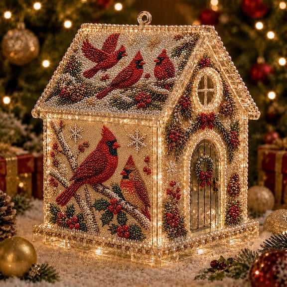 OYPGUE 3D Christmas House Diamond Painting Pearl Art Kit Acrylic for Adults, Ocean-Themed Houses Beads Craft Kits with LED Lights, DIY Xmas Tree Ornaments
