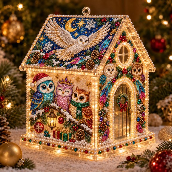 OYPGUE 3D Christmas House Diamond Painting Pearl Art Kit Acrylic for Adults, Ocean-Themed Houses Beads Craft Kits with LED Lights, DIY Xmas Tree Ornaments