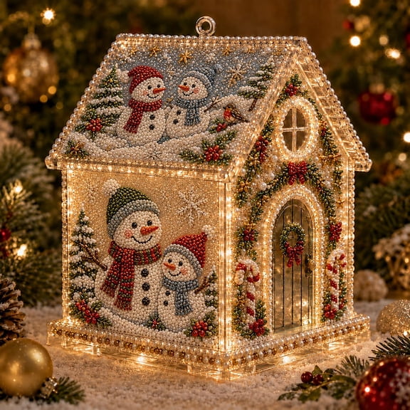 OYPGUE 3D Christmas House Diamond Painting Pearl Art Kit Acrylic for Adults, Ocean-Themed Houses Beads Craft Kits with LED Lights, DIY Xmas Tree Ornaments