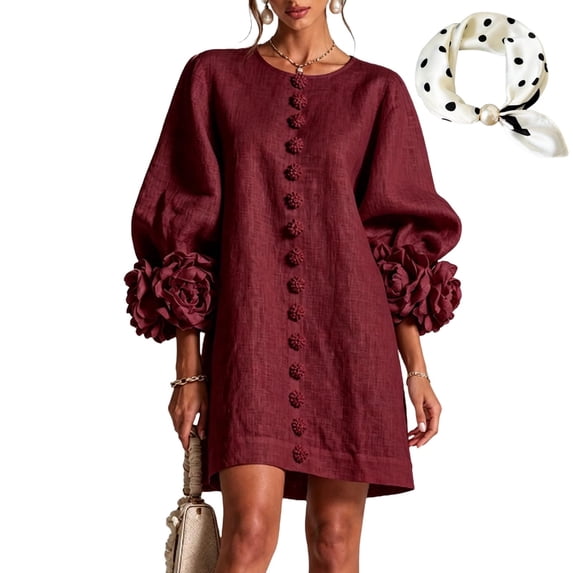 OYPGUE 3D Floral Dress for Women,Linen Mini Dress,Loose Elegant Party
