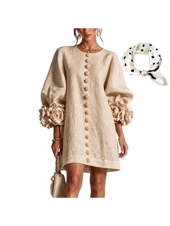 3D Floral Dress for Women,Linen Mini Dress,Loose Elegant Party