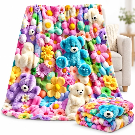 OYPGUE 3D Plush Teddy Pastel Floral Print Blanket for Room
