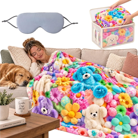 OYPGUE 3D Teddy Bear Blanket, Pastel Floral Print Polyester Throw for Sofa Bed and Eye Mask,Storage Bag