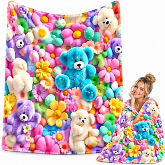 OYPGUE Cloud Soft 3D Teddy Bear Pastel Floral Print Plush Throw Blanket