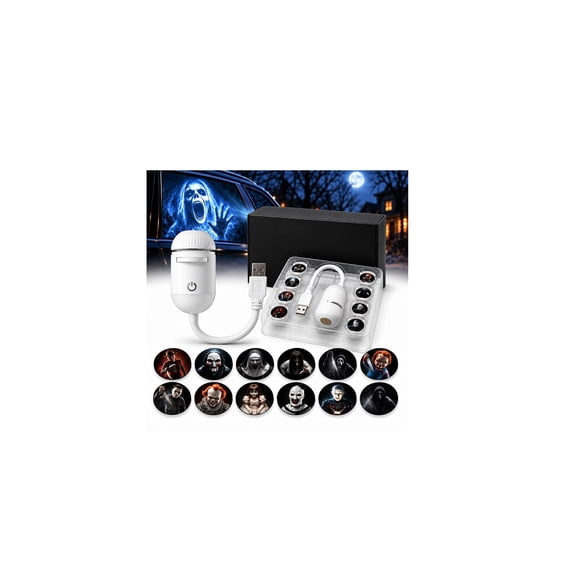 OYPGUE Halloween Car Window Projector with 12/24 Horror Slides, USB Powered 360° Rotating Ghost Projection Light for Cars and Halloween Parties