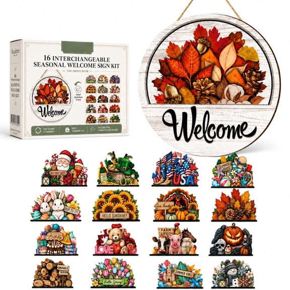 OYPGUE One Welcome Sign for Every Season, Interchangeable Welcome Sign for Front Door, Simple Elegant Farmhouse Seasonal Porch Decor Gift