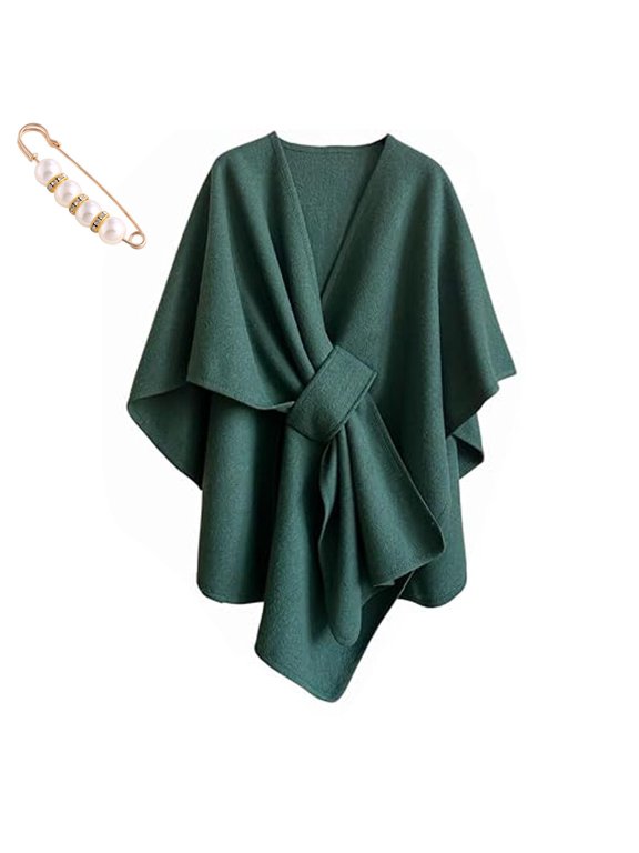 Women's Fleece Drape Shawl with Loop Brooch, Soft Open Front Poncho Solid Color Elegant Knitted Shawl