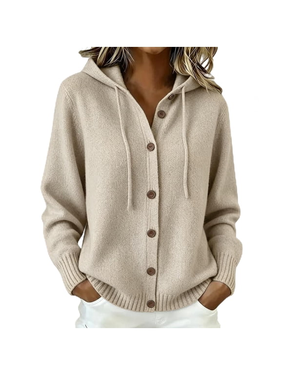 Womens Knit Hooded Sweaters,V Neck Button up Sweater for Women