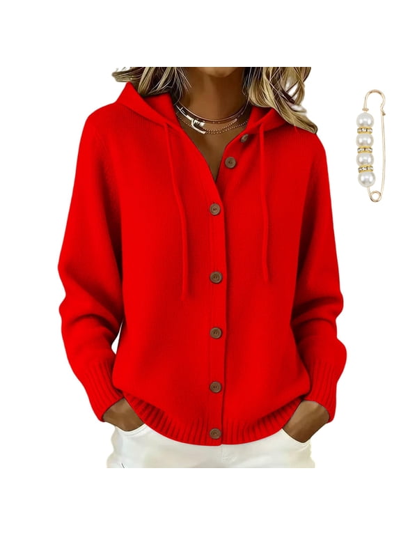 Womens Knit Hooded Sweaters,V Neck Button up Sweater for Women