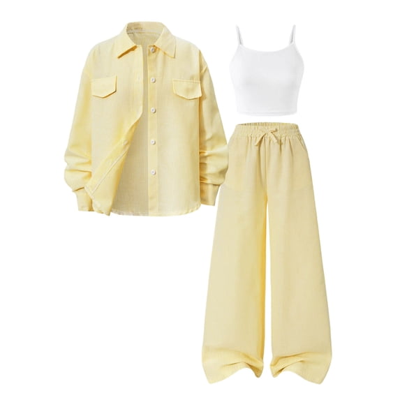 OYXSER 3 Piece Tween Girls Shirt Cami Top and Drawstring Wide Leg Pants Set, Yellow 10-11 Years