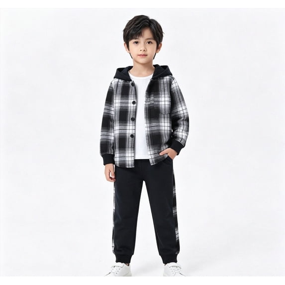 OYXSER 4T Kids Boys Cotton Plaid Shirt Tops Pants Set Hoodie Sweatsuit for Fall Winter Spring Outfits