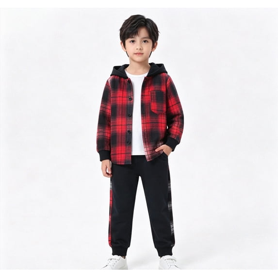 OYXSER 4T Kids Boys Cotton Plaid Shirt Tops Pants Set Hoodie Sweatsuit for Fall Winter Spring Outfits