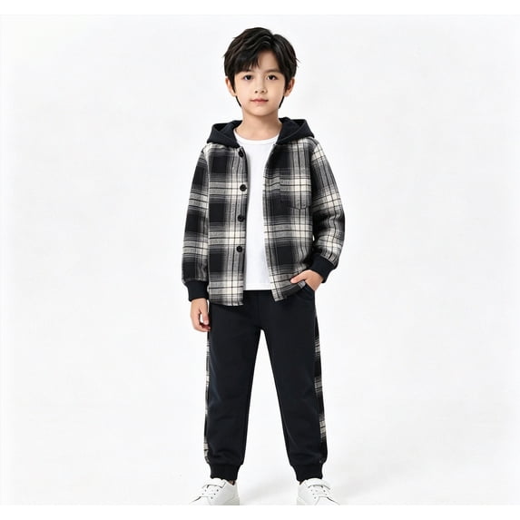 OYXSER 4T Kids Boys Cotton Plaid Shirt Tops Pants Set Hoodie Sweatsuit for Fall Winter Spring Outfits