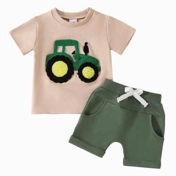 OYXSER Baby Boy Summer Clothes 12 18 Months Cartoon Truck Print Summer Short Sleeve Button Down Shirt & Shorts Set Baby Boy Outfits, Green 3-6M