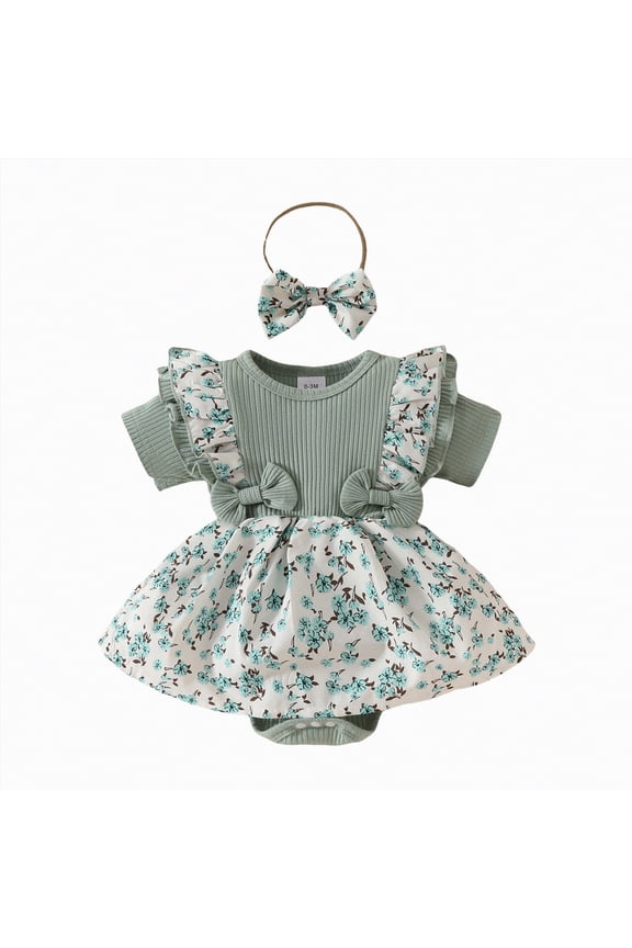 Baby Girl Clothes 6 12 Months Romper Shorts Set Daisy Print with Headband Infant Summer Outfits Set, Green 3-6M