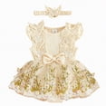thumbnail image 1 of OYXSER Baby Girl Clothes Floral Summer Outfits Ruffle Sleeve Romper Dress with Headband Newborn Infant Summer Cute Outfit, Beige 6-9M, 1 of 4