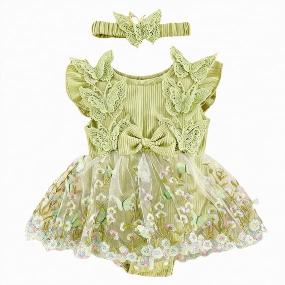 OYXSER Baby Girl Clothes Floral Summer Outfits Ruffle Sleeve Romper Dress with Headband Newborn Infant Summer Cute Outfit, Green 9-12M