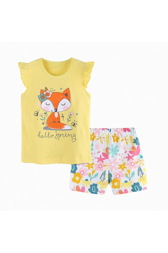 Baby Girl Clothes Outfits 3T 4T Ruffle Sleeveless Shirts Floral Tops + Shorts Clothing Set Cute Cartoon Summer Short Set, Light Yellow 12-24M